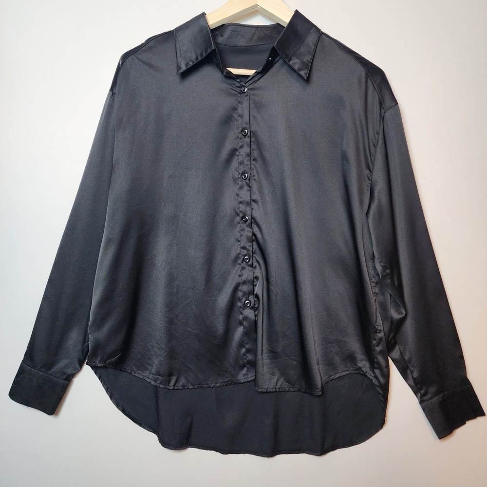 SHEIN Satin Button Down Long Sleeve High Low Hem Blouse Solid Black Size Medium